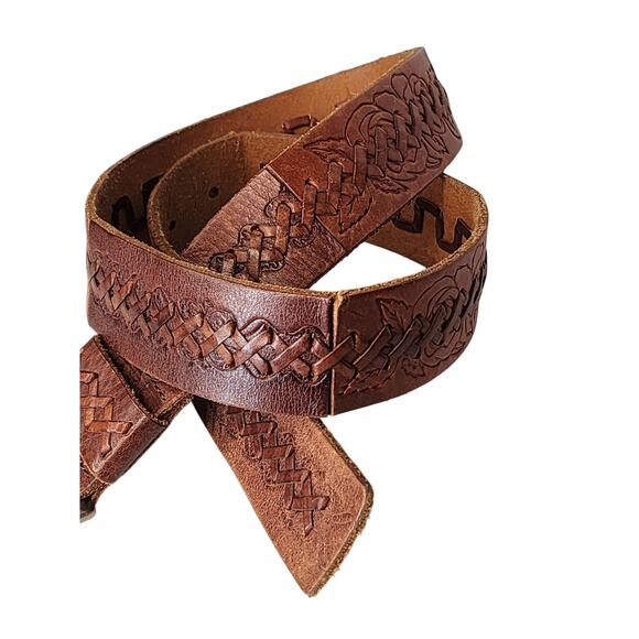 Fossil Unisex Multi Brown Leather Belt sz Small Western X Stitch Patchwork Boho - Picture 2 of 7